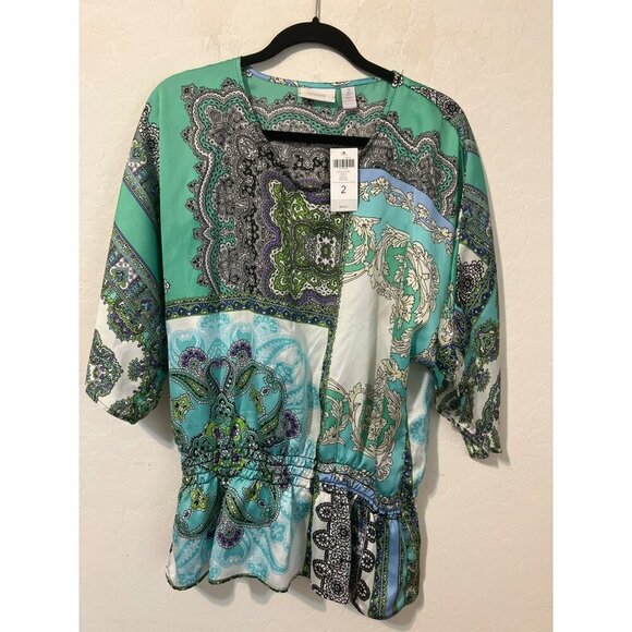 Chico's Sz 2 (US L 12) Shades of Green Silky Flowy Pullover Blouse Cinched Waist - Picture 2 of 7